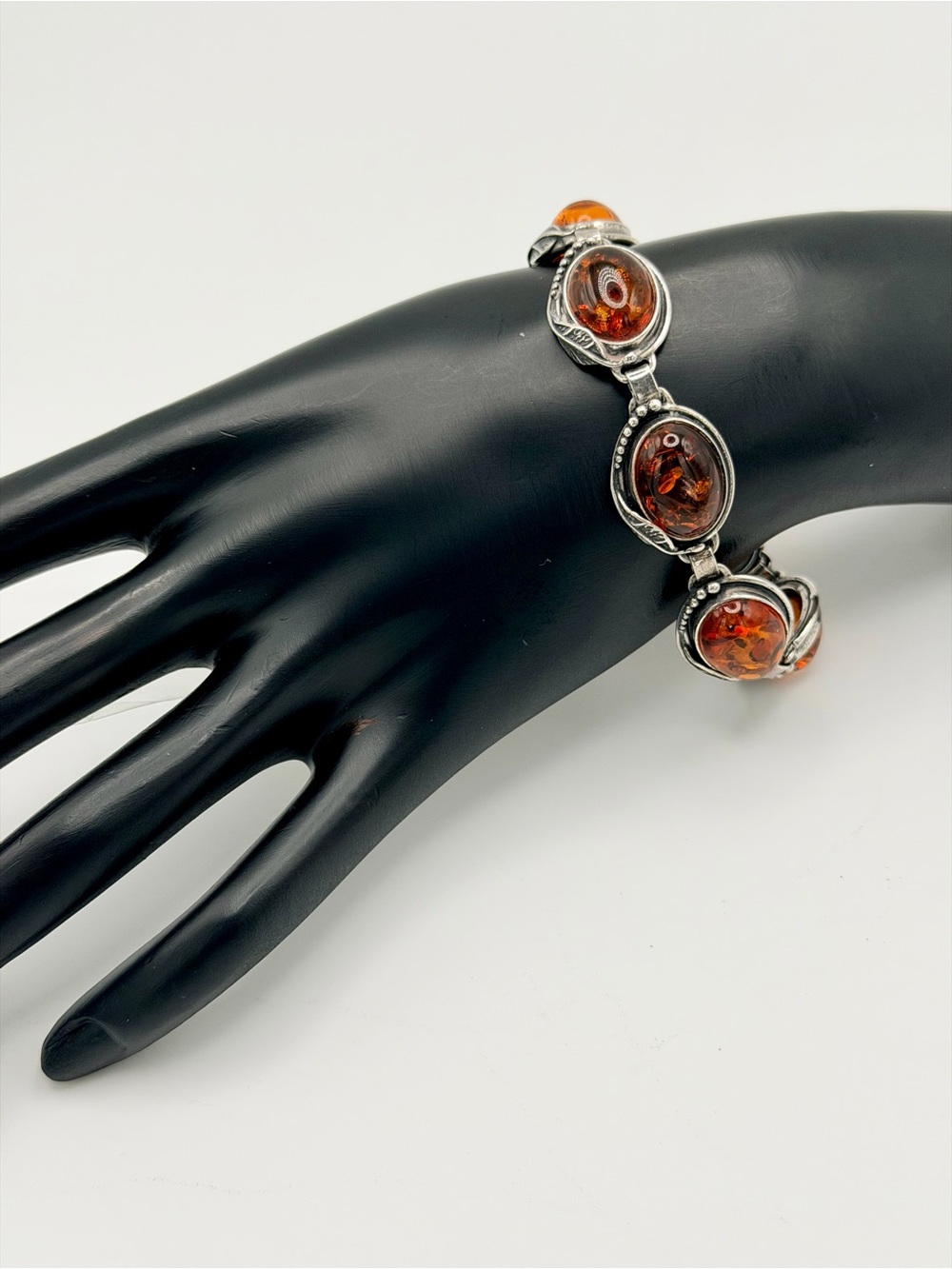 Vintage Oxidized Sterling Silver Leaf Pattern w/Oval Amber Cabochons Bracelet - Picture 2 of 16